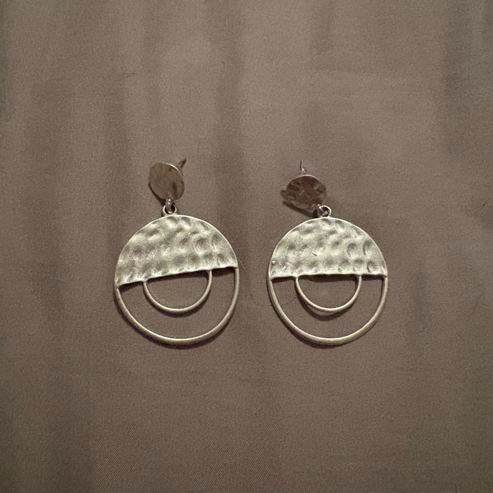 Geometric Silver Earrings with Textured Crescent